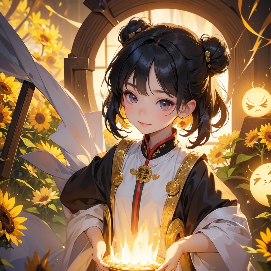 A chibi child girl had a small face and Wearing a white little Taoist priest's outfit. A pair of big round eyes shone with curiosity about him. This child was so cute!, Burning joss paper and gold paper for the departed spirits, her hair is black with two buns on her hair.small chibi, chibi baby, smiling.The little chibi baby looked up with his chest raised, and his face was old and proud.
Strolling among the sunflower fields Glowing yellow,