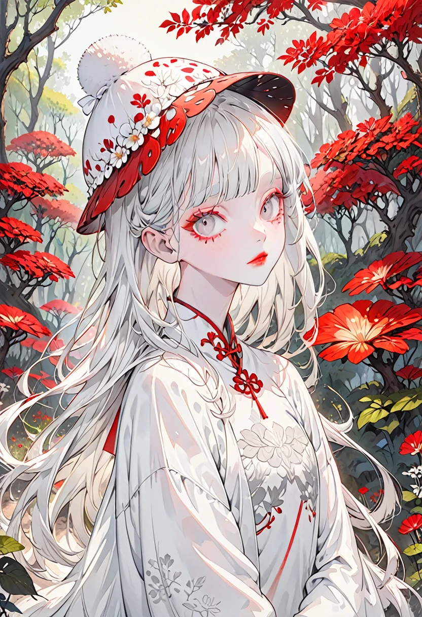 The background is a forest，(Highest quality,Very detailed,High resolution:1.2),Slim albino girl，White bob hair,gray bangs，very_long white eyelashes, White eyebrows, White skin，Detailed lips, Cool look, Soft Skin, Shiny Hair,Exquisite makeup,Wearing a red mushroom-patterned hat