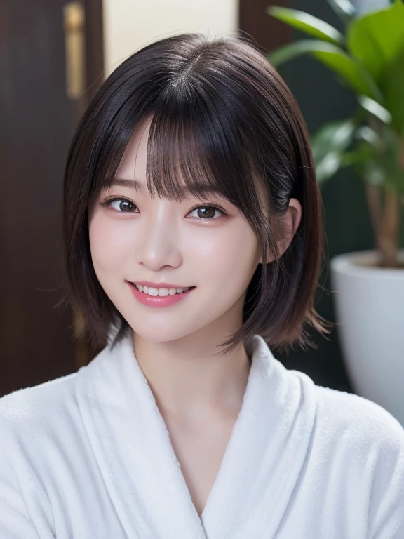 masterpiece, Highest quality, One Woman, (White bathrobe:1.2), Age 25、(RAW Photos, Highest quality), (reality, Realistic:1.4), Clean look、Iris、very detailed eyes and face, Beautiful and detailed nose, beautiful eyes, Perfect Anatomy, Black short hair、Wet Hair、bangs、Crystal skin, A happy smile、Face Focus、indoor、