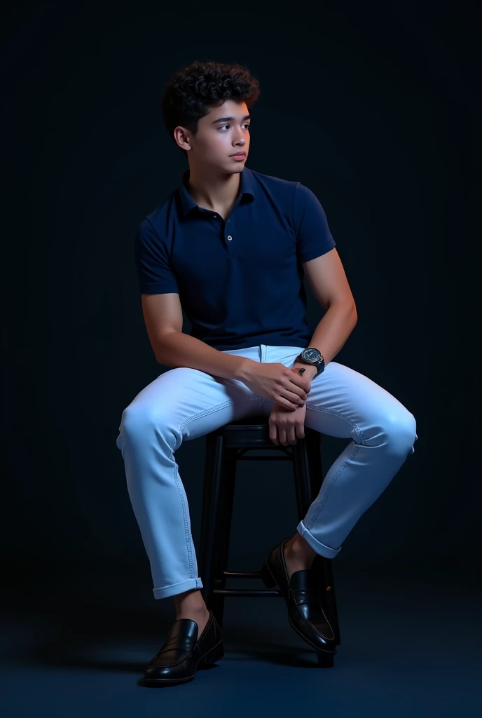 A  tan boy with gym body and black curly hair and navy blue polo t shirt and white long trousers and old watch on it and black loafers sitting on black stool and black background on it the boy turning right side and  blue lights