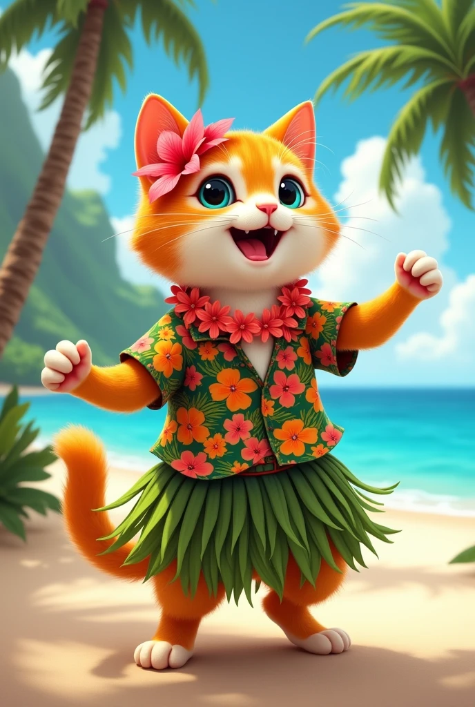 Cute male cat dancing hula on the beach in Hawaii。
She has a hibiscus on her head。Aloha Shirt。Rey&#39;s Necklace。Palm Tree。
