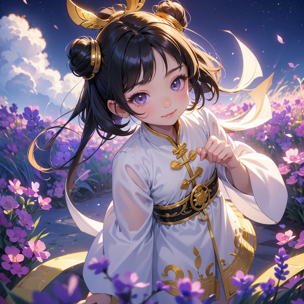 A chibi child girl had a small face and Wearing a white little Taoist priest's outfit. A pair of big round eyes shone with curiosity about him. This child was so cute!, Burning joss paper and gold paper for the departed spirits, her hair is black with two buns on her hair.small chibi, chibi baby, smiling.The little chibi baby looked up with his chest raised, and his face was old and proud.

Stroll among the purple lavender fields , There are some floating clouds,

 
