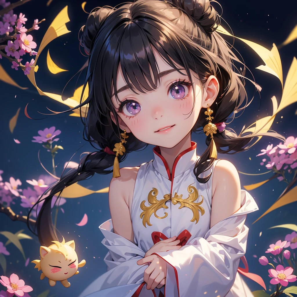 A chibi child girl had a small face and Wearing a white little Taoist priest's outfit. A pair of big round eyes shone with curiosity about him. This child was so cute!, Burning joss paper and gold paper for the departed spirits, her hair is black with two buns on her hair.small chibi, chibi baby, smiling.The little chibi baby looked up with his chest raised, and his face was old and proud.
Stroll among the purple lavender fields , There are some floating clouds,