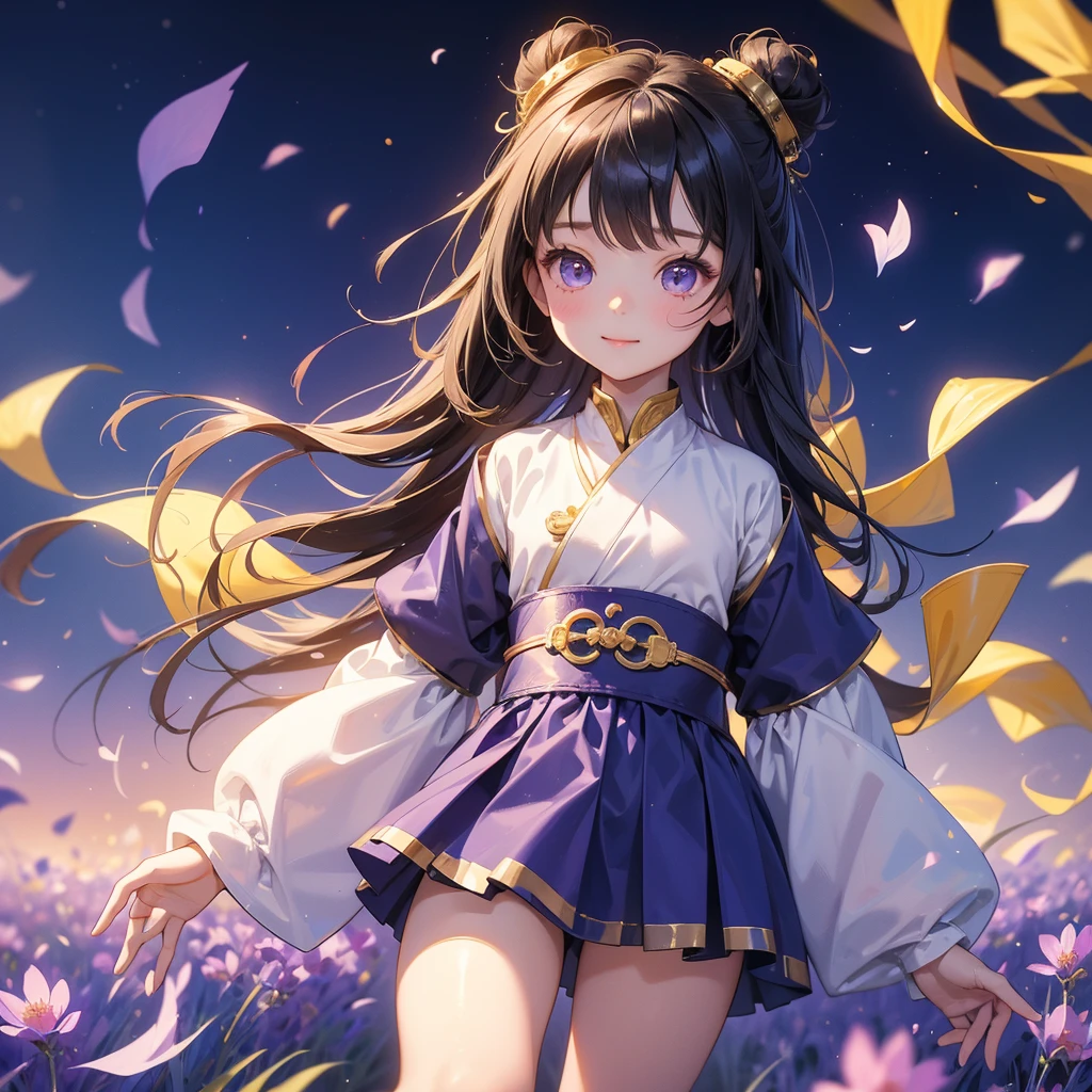 A chibi child girl had a small face and Wearing a white little Taoist priest's outfit. A pair of big round eyes shone with curiosity about him. This child was so cute!, Burning joss paper and gold paper for the departed spirits, her hair is black with two buns on her hair.small chibi, chibi baby, smiling.The little chibi baby looked up with his chest raised, and his face was old and proud.
Stroll among the purple lavender fields , There are some floating clouds,