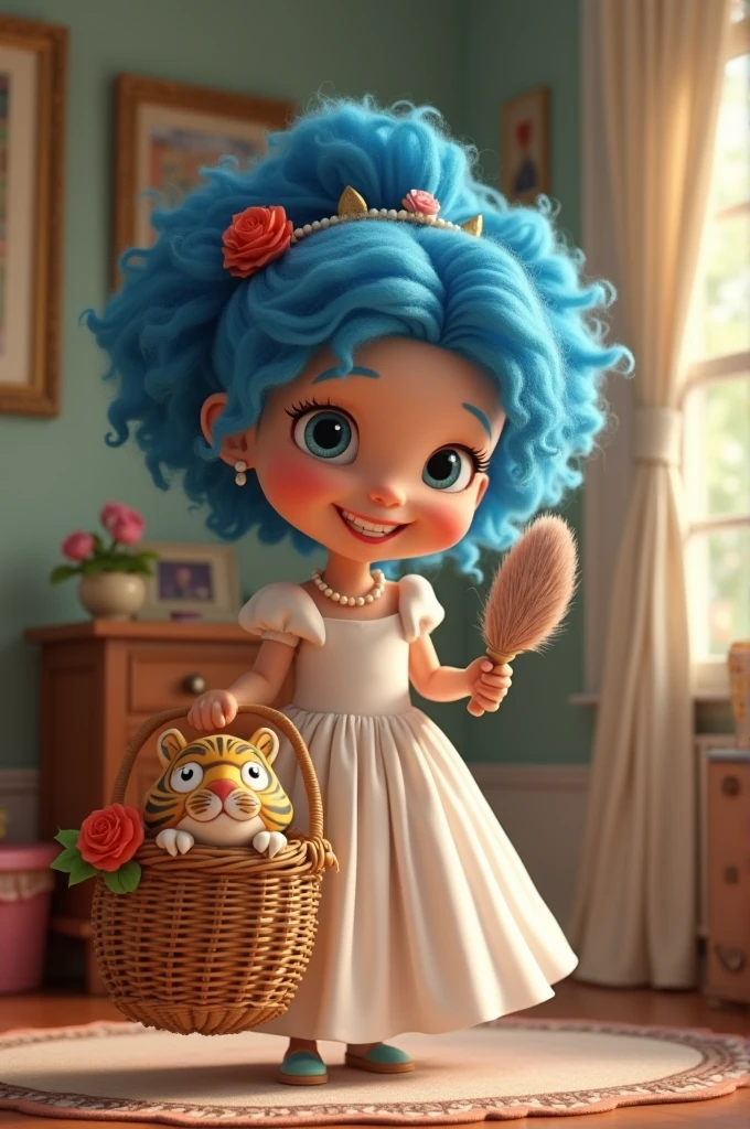 11-year-old girl with curly blue hair
With a very smiling and happy lip
With an old basket with a tiger in it, wearing a white princess dress
A pearl necklace with a red rose
And the girl is dusting the house
Style 3D
