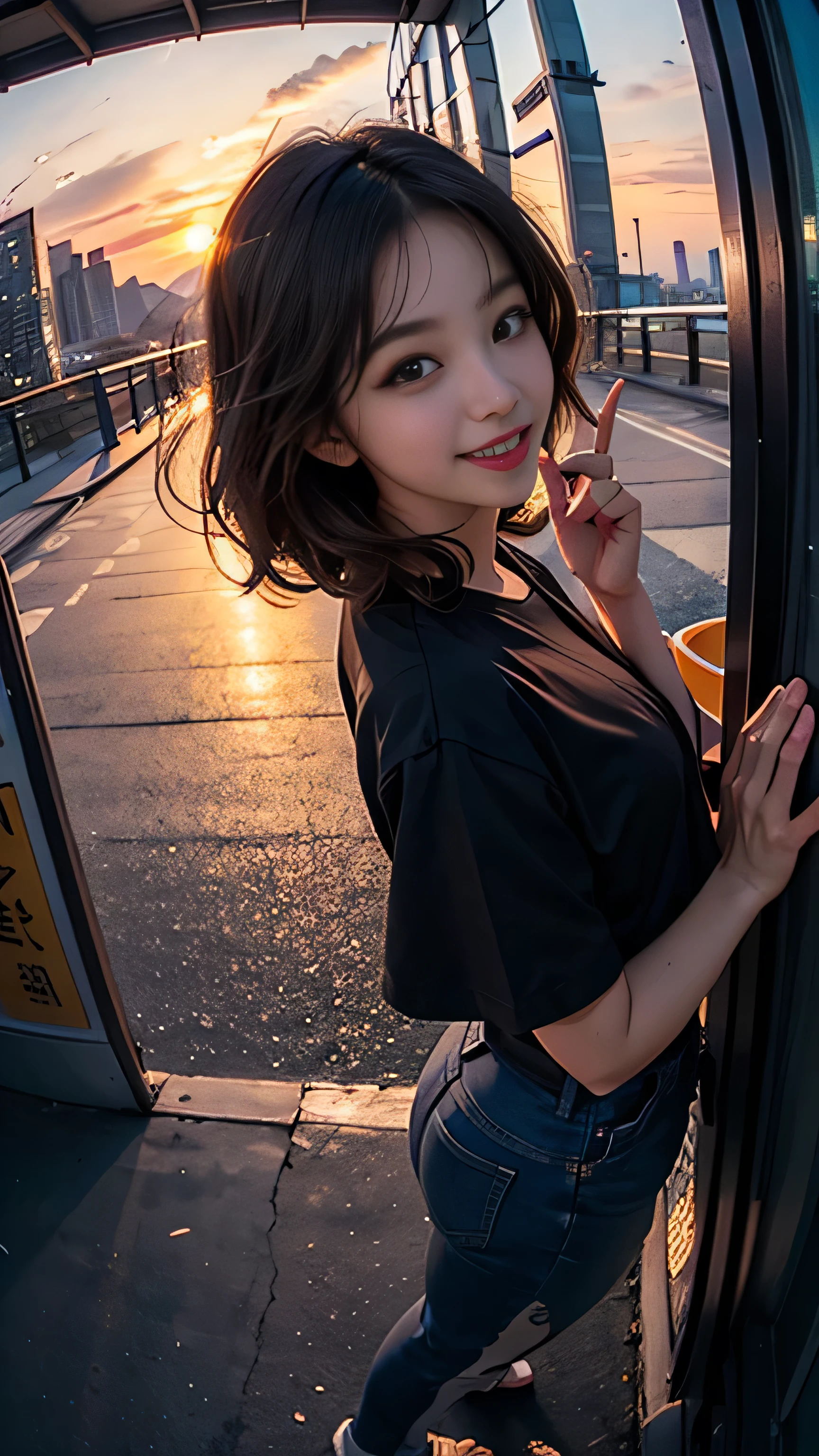 One girl, Korean, Fisheye Lens, Selfie, Wind, Messy Hair, sunset, Cityscape, (Aesthetics and atmosphere:1.2),smile