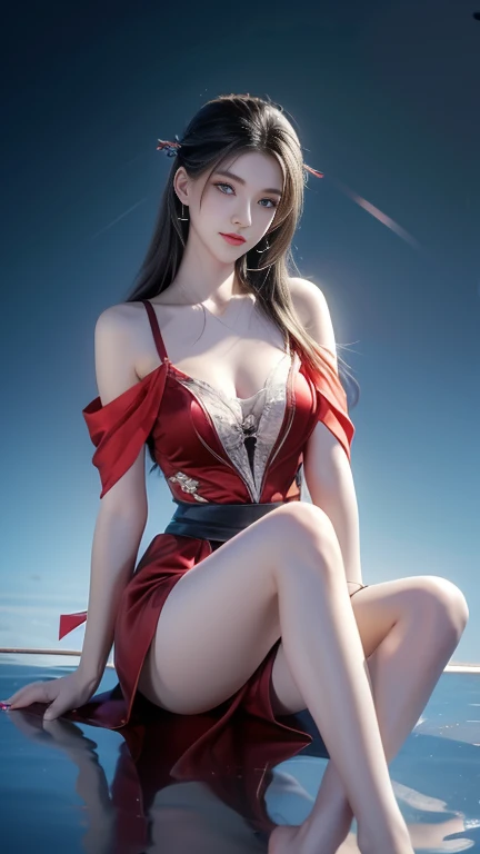 ((whole body)), 1 girl, Long hair, Red costume, Black Hair, long legs, Slender eyes, Fascinating eyes, Three long thin red hairpins, Elongated eyebrows, Tall and skinny, Clothes fluttering, （Very intricate details1.2）, Big round breasts, （Sexy pose）, Transparent satin, Leakage out of the breast, Very high color saturation, Off-shoulder, raised eyebrows, Barefoot, bare legs, Delicate face, Fluffy hair, Transparent Clothes, gradient eyes, color contact lenses, light smile, lure, Surrealism, ray tracing, reflection light, high detail, Romanticism, retina, masterpiece, anatomically correct, high details, highres, 8k, super detail