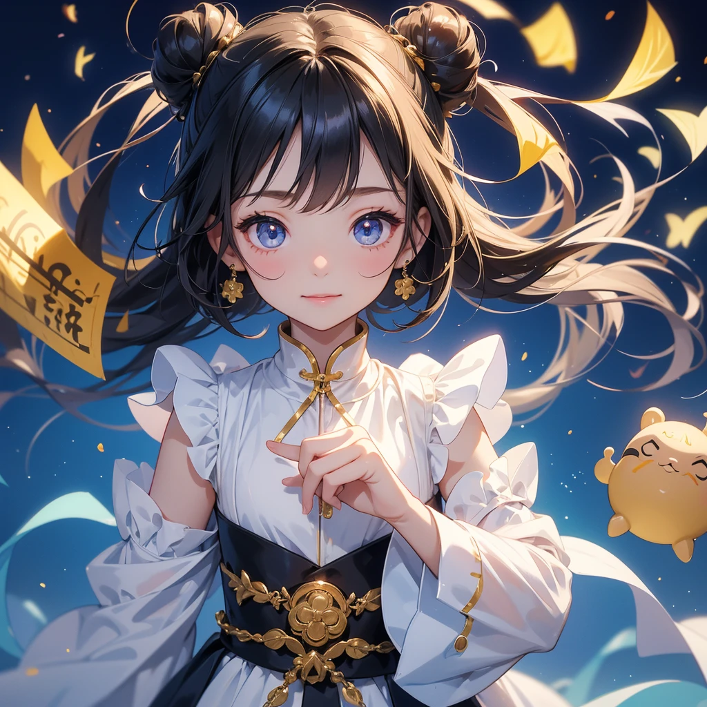 A chibi child girl had a small face and Wearing a white little Taoist priest's outfit. A pair of big round eyes shone with curiosity about him. This child was so cute!, Burning joss paper and gold paper for the departed spirits, her hair is black with two buns on her hair.small chibi, chibi baby, smiling.The little chibi baby looked up with his chest raised, and his face was old and proud.

Strolling among the nemophila fields Glowing blue,

 
