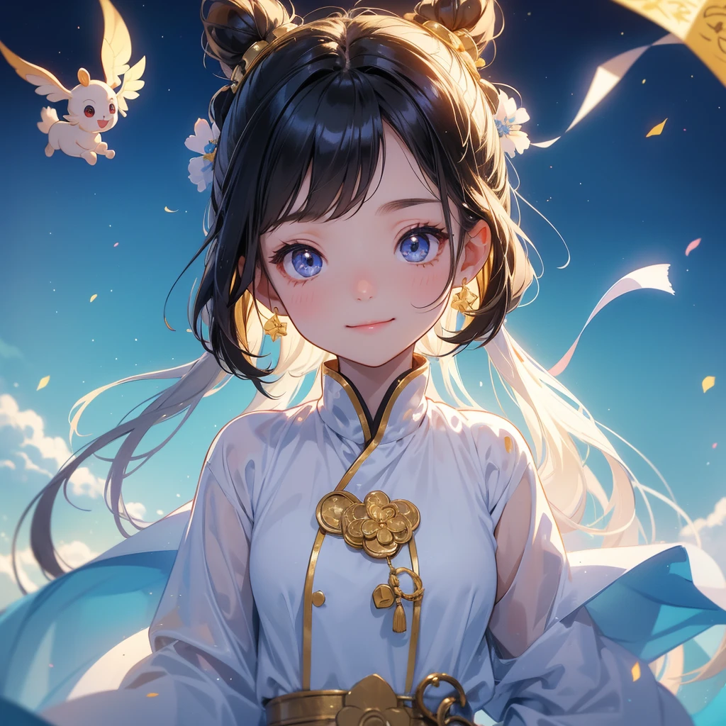 A chibi child girl had a small face and Wearing a white little Taoist priest's outfit. A pair of big round eyes shone with curiosity about him. This child was so cute!, Burning joss paper and gold paper for the departed spirits, her hair is black with two buns on her hair.small chibi, chibi baby, smiling.The little chibi baby looked up with his chest raised, and his face was old and proud.

Strolling among the nemophila fields Glowing blue,

 
