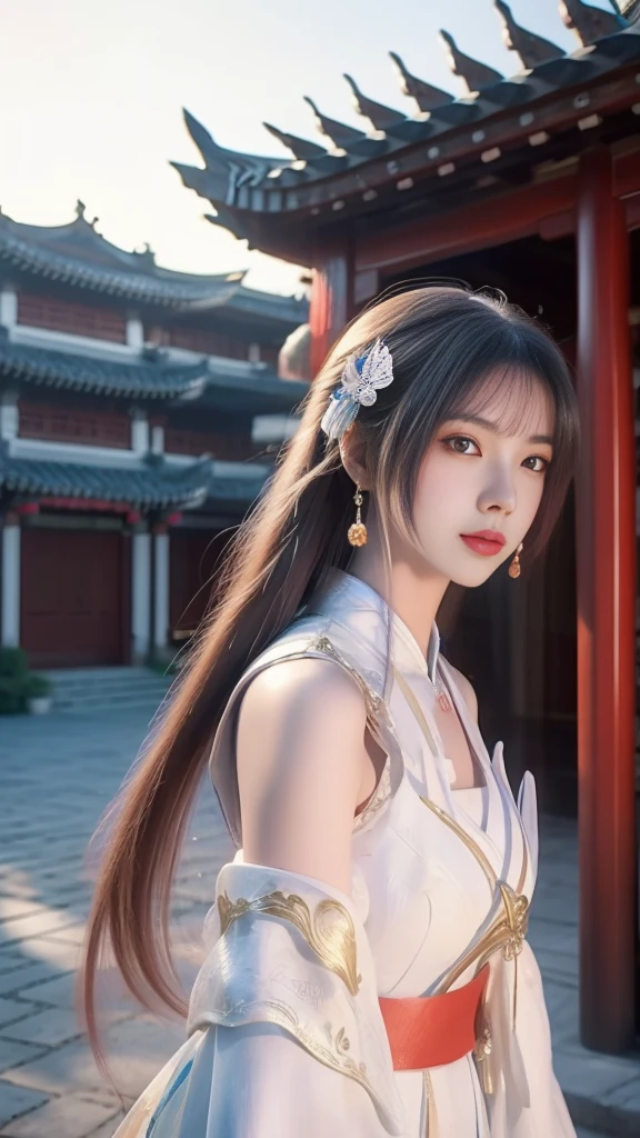 a woman in a white top and red earrings standing in front of a building, palace ， a girl in hanfu, beautiful character painting, artwork in the style of guweiz, chinese girl, guweiz, beautiful anime portrait, beautiful anime girl, chinese style, anime girl with long hair, beautiful anime woman, beautiful alluring anime woman, attractive anime girl