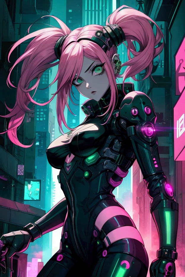 a girl with pink hair and green eyes. She is a villian form MHA. She dresses like she’s in cyberpunk. She has a cyber goth style.