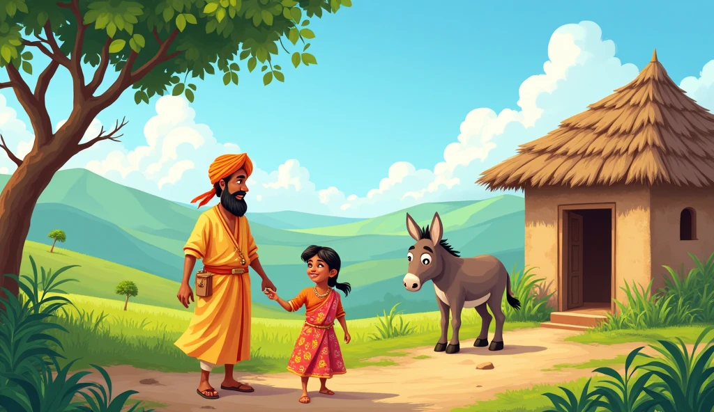 Create an cartoon image of a farmer man wearing kurta and pyjama one women wearing saree and one young boy and one donkey and hut and village and beautiful background 