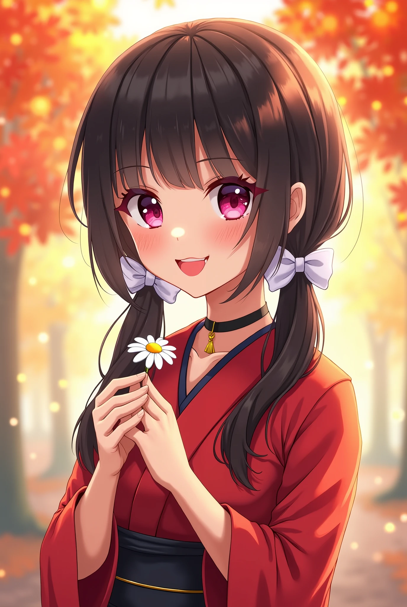 Girl,flat chests,red eyes,black hair,white ribbons on head,black necklace with golden charm,bright pink lips,blushing,smiling,red kimono,black obi,holding a daisy,low twin ponytails,light purple eyeshadow,background is autumn