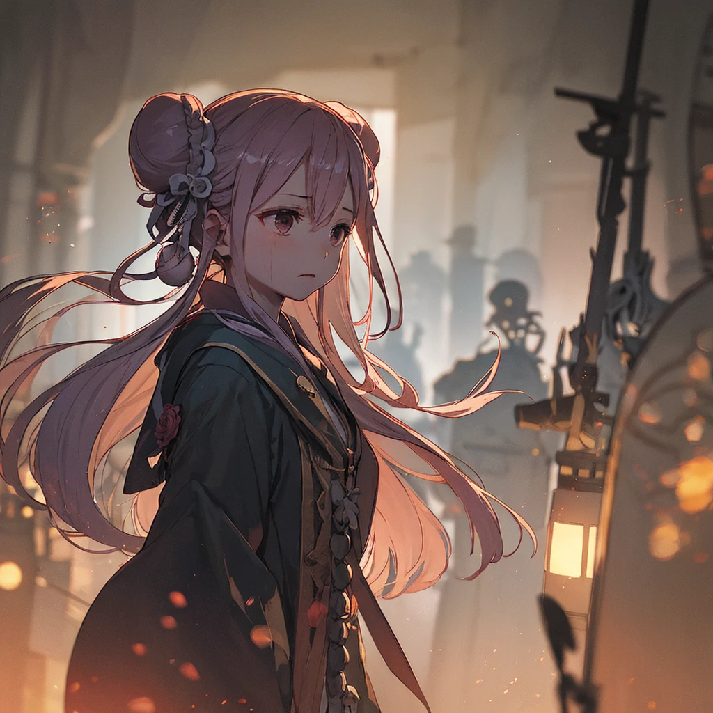  1 person、(silhouette:1.3)、 (Hair Ribbon:0.4),,(((Bun Hair))),(((Long Hair))),Blacksmithing、Creepy、Creepy、leaf、rose、skull、Abstract、Zhou Haoguang、(Blurred Background、Blurred foreground、Depth of written boundary:1.3)、Swirling Mist、Iridescent mist、Traditional Texture、Dripping