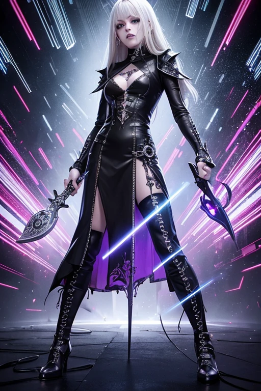 women gothic Skull,wear gothic metal , full body, loose blonde hair, shoe ,walk ,fullbody ,carrying a long silver steel sword with neon light blue lines, glitch,create a dangerous scene, like anger and revenge, mystical touch fight, royal throne background ,texture,front view , glitch , intricately