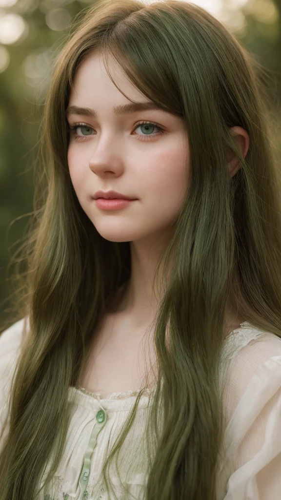 a girl. European. Extremely detailed face. Oval face. Delicate facial features. Half-closed eyes. Long straight hair. Messy hair. Bangs. Green hair. Green eyes. Pensive. Melancholic. Ethereal. Innocent. smile
