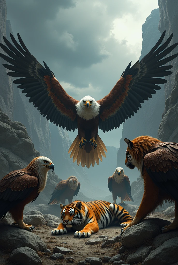 Dead tiger surround by mighty eagles

