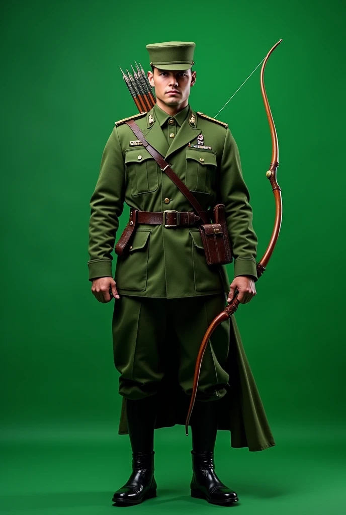  straight viewed, green uniform, male military Archer is a warrior, military cap on head, Archer in hand, Plain full green screen background