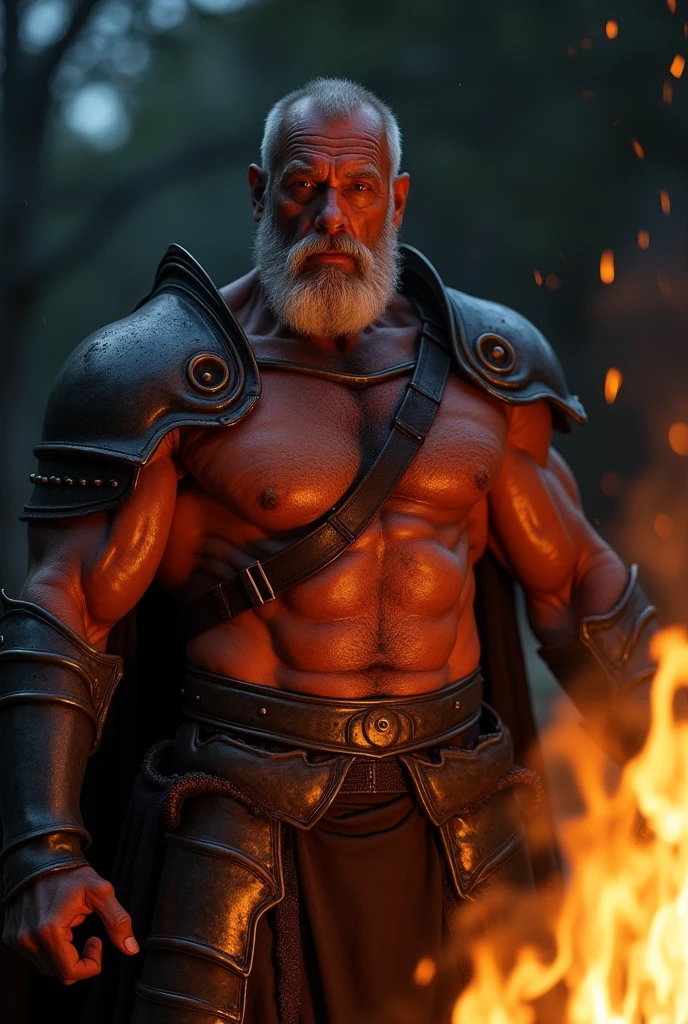 Gay porn hit sexy . Grandpa bodybuilder  in armor knight. Nigt . Bonfire. Hot posing . Big muscle pecs. Want to get fucked. Sexy face. Old. Hairy. Oily skin. Sweat.  