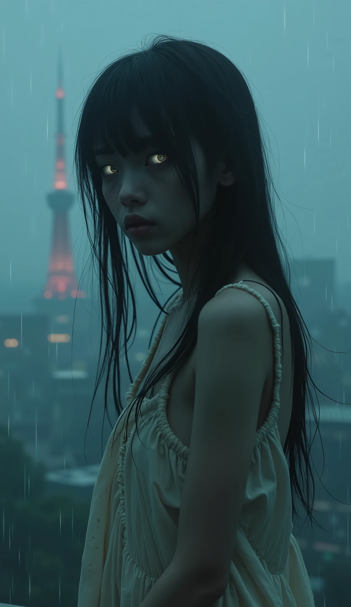 Depressed girl、Long black hair、Small Nose、Skinny body、Glowing white eyes、Thin lips、Dirty white dress、Upper Body、Close-up、Real、Aerial1Stationary in meters、Thick Fog、Tokyo Tower at night、Black rain、Shooting with a wide-angle lens、