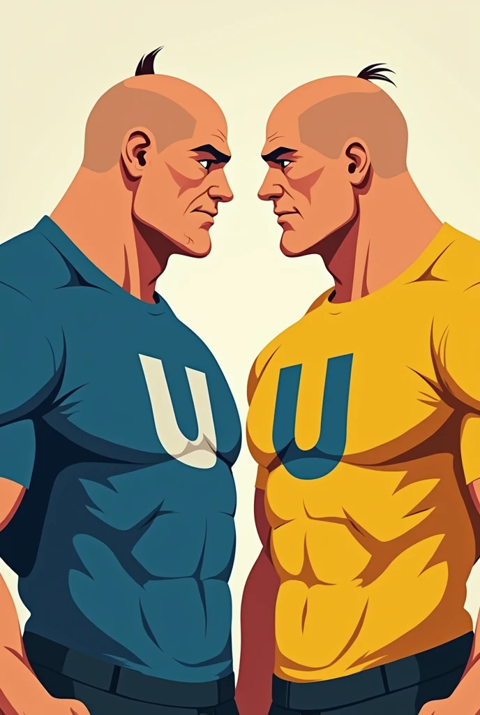 Twin big guy.(( Wear shirt yellow Word "U ". The font blue color, with one hair on blad hair.)) ((Wear shirt blue Word "U " the font color yellow color, with on blad hair