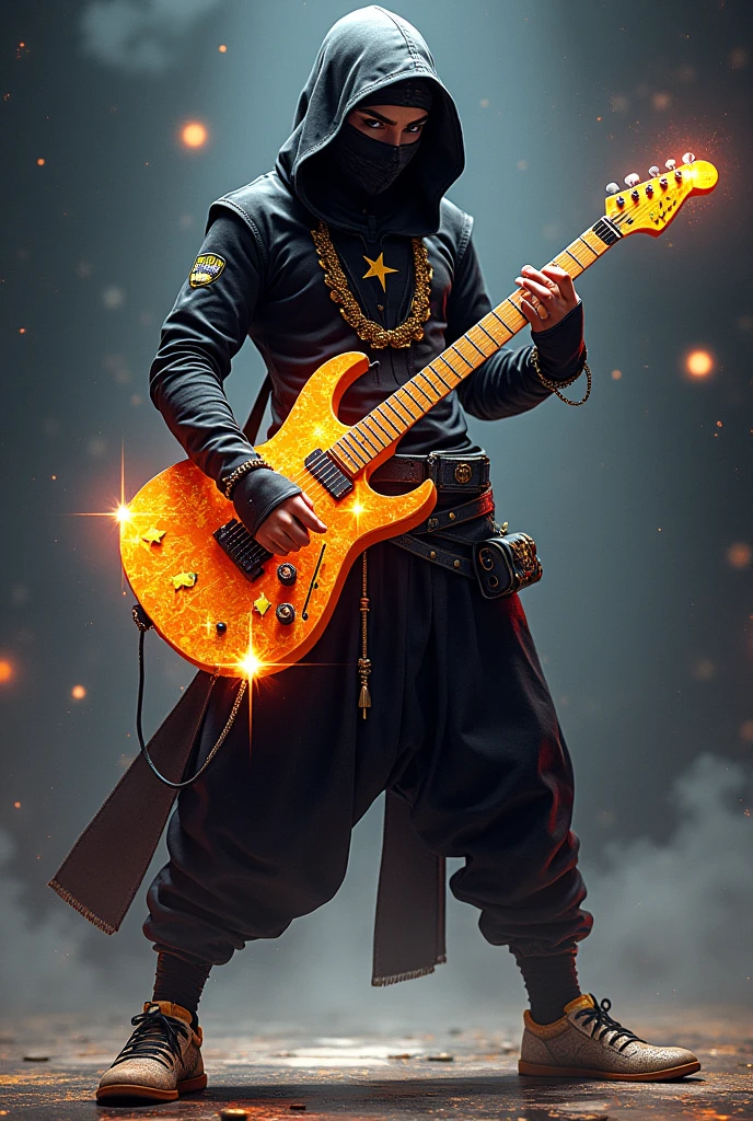 Personnage inspiré ninja rocker avec une guitare électrique avec une étoile déçu des effet scintillante est éclatant d'étoiles une étoile sur le milieu de la guitare avec une étoile filante sur la guitare un costume de ninja avec une capuche de ninja avec un dragon dessiné sur sa capuche  Des chaussures de métal avec des pique sur c'est chaussure des motif sur sont qui sont jaune clair orange pâle est noir des yeux noir est blanc un collier en forme d'étoiles sur sont cou est un côté de combattant dangereux 