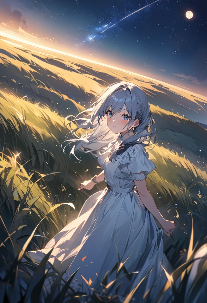 Attention to detail, Super Detail, Ultra-high resolution, A girl in the grass, The moon behind the girl,The moonlight shining down on her, The background is a starry sky,The moon is on the right side near the center of the whole image.,The girl is looking at the starry sky in the grassland,The moonlight cannot enter,Add a fantastical atmosphere