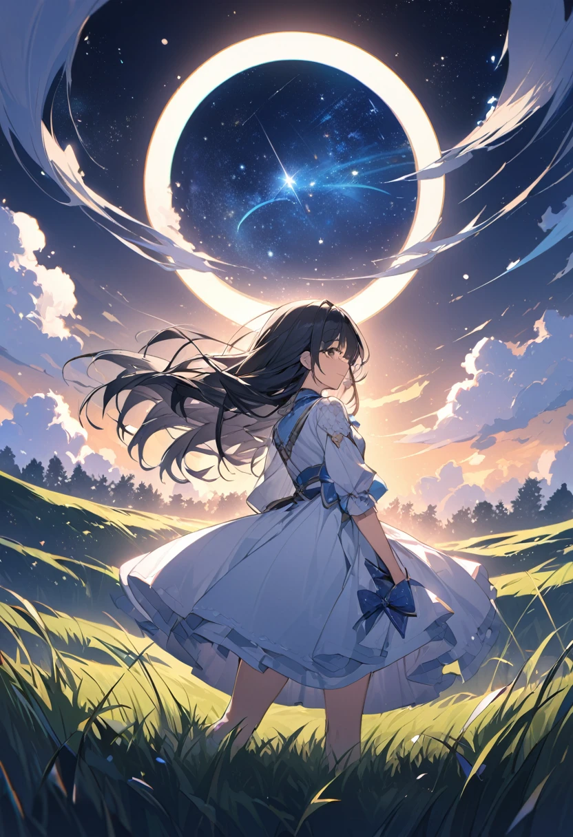 Attention to detail, Super Detail, Ultra-high resolution, A girl in the grass, The moon behind the girl,The moonlight shining down on her, The background is a starry sky,The moon is on the right side near the center of the whole image.,The girl is looking at the starry sky in the grassland,The moonlight cannot enter,Add a fantastical atmosphere