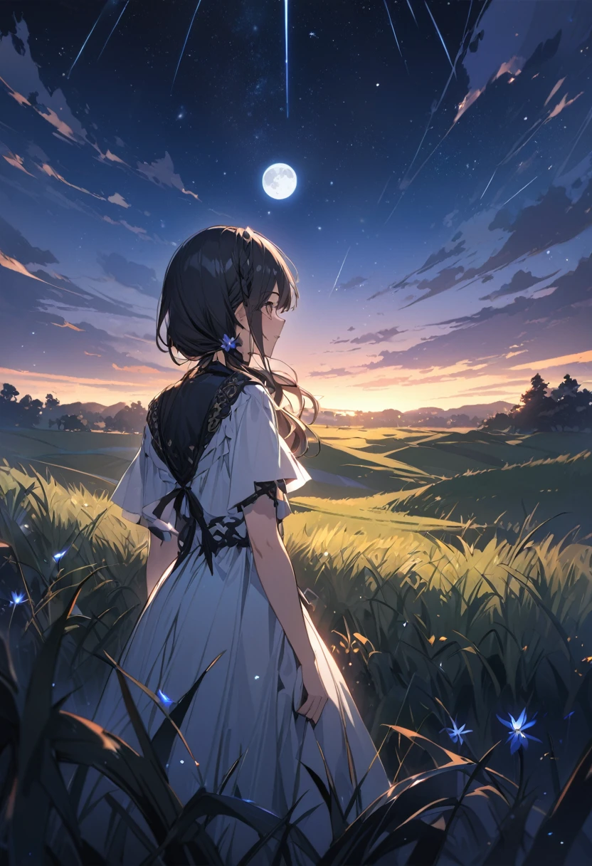 Attention to detail, Super Detail, Ultra-high resolution, A girl in the grass, The moon behind the girl,The moonlight shining down on her, The background is a starry sky,The moon is on the right side near the center of the whole image.,The girl is looking at the starry sky in the grassland,The moonlight cannot enter,Add a fantastical atmosphere