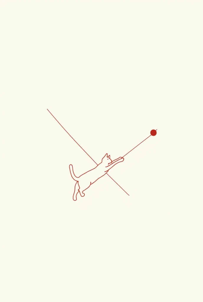 white background, two red perpendicular lines are connected, between them, the outline of a cat drawn with red lines flies, holding on to a red ball, stretched upwards in the form of a narrow line ,around five faint transparent lines, vector graphics