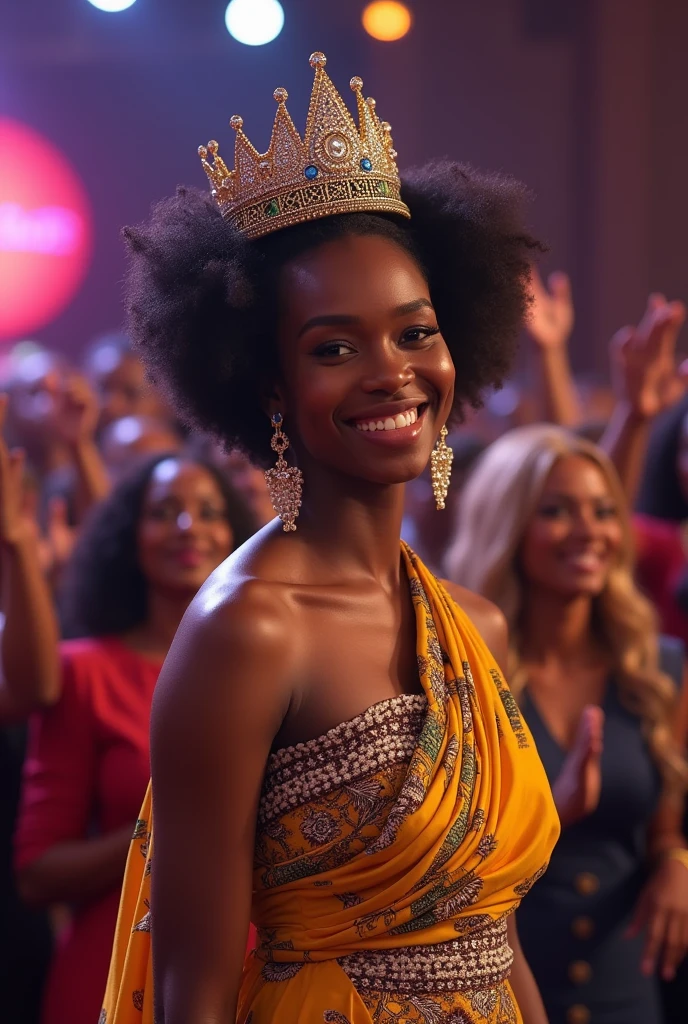 Une femme africaine de 22 ans souriante bien habillée en pagne africain sans  décolleté pour participer à un concours de beauté avec une couronne sur la tête et un public africain qui l'applaudit derrière 