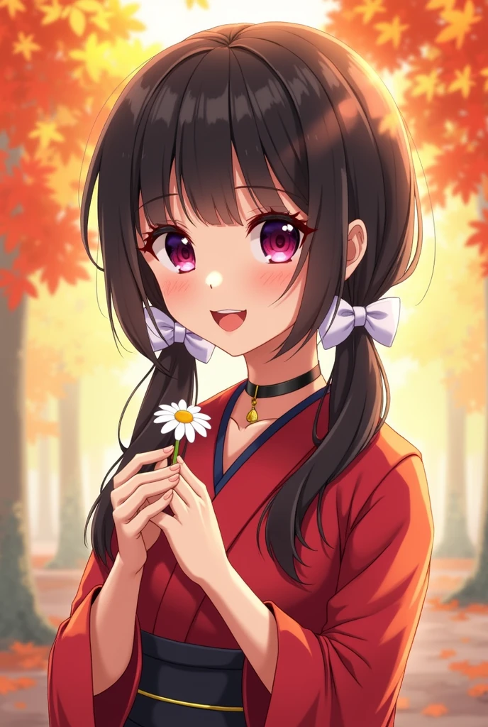 Girl,flat chests,red eyes,black hair,white ribbons on head,black necklace with golden charm,bright pink lips,blushing,smiling,red kimono,black obi,holding a daisy,low twin ponytails,light purple eyeshadow,background is autumn