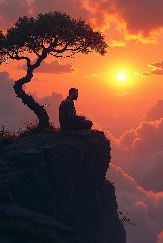 Make a man sitting on top of a mountain with a tree behind him looking sideways at the sunset.