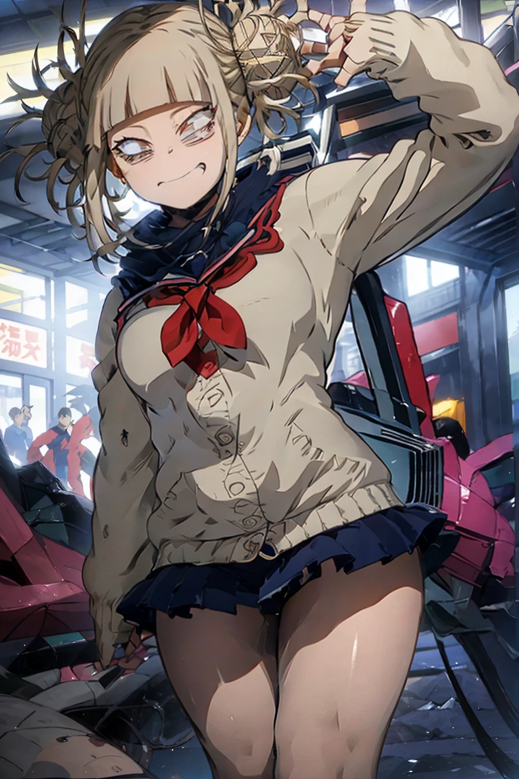 (Himiko Toga, the beautiful young woman with fair skin and blonde hair and yellow eyes with thin pupils, is wearing a tiny bikini that highlights her generous, sensual curves. Her sculptural, shapely body radiates an aura of pure sensuality, with full breasts and firm, rounded hips and a perky butt. She walks with confidence, her bikini barely covering her private parts, exposing her toned thighs. Her movements are fluid and graceful, causing her body to sway in a mesmerizing way. a mischievous and provocative expression, with a malicious smile on her full lips. She exudes an overwhelming sexual energy, capable of driving anyone who observes her crazy.)