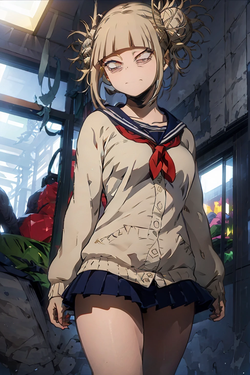 (Himiko Toga, the beautiful young woman with fair skin and blonde hair and yellow eyes with thin pupils, is wearing a tiny bikini that highlights her generous, sensual curves. Her sculptural, shapely body radiates an aura of pure sensuality, with full breasts and firm, rounded hips and a perky butt. She walks with confidence, her bikini barely covering her private parts, exposing her toned thighs. Her movements are fluid and graceful, causing her body to sway in a mesmerizing way. a mischievous and provocative expression, with a malicious smile on her full lips. She exudes an overwhelming sexual energy, capable of driving anyone who observes her crazy.)