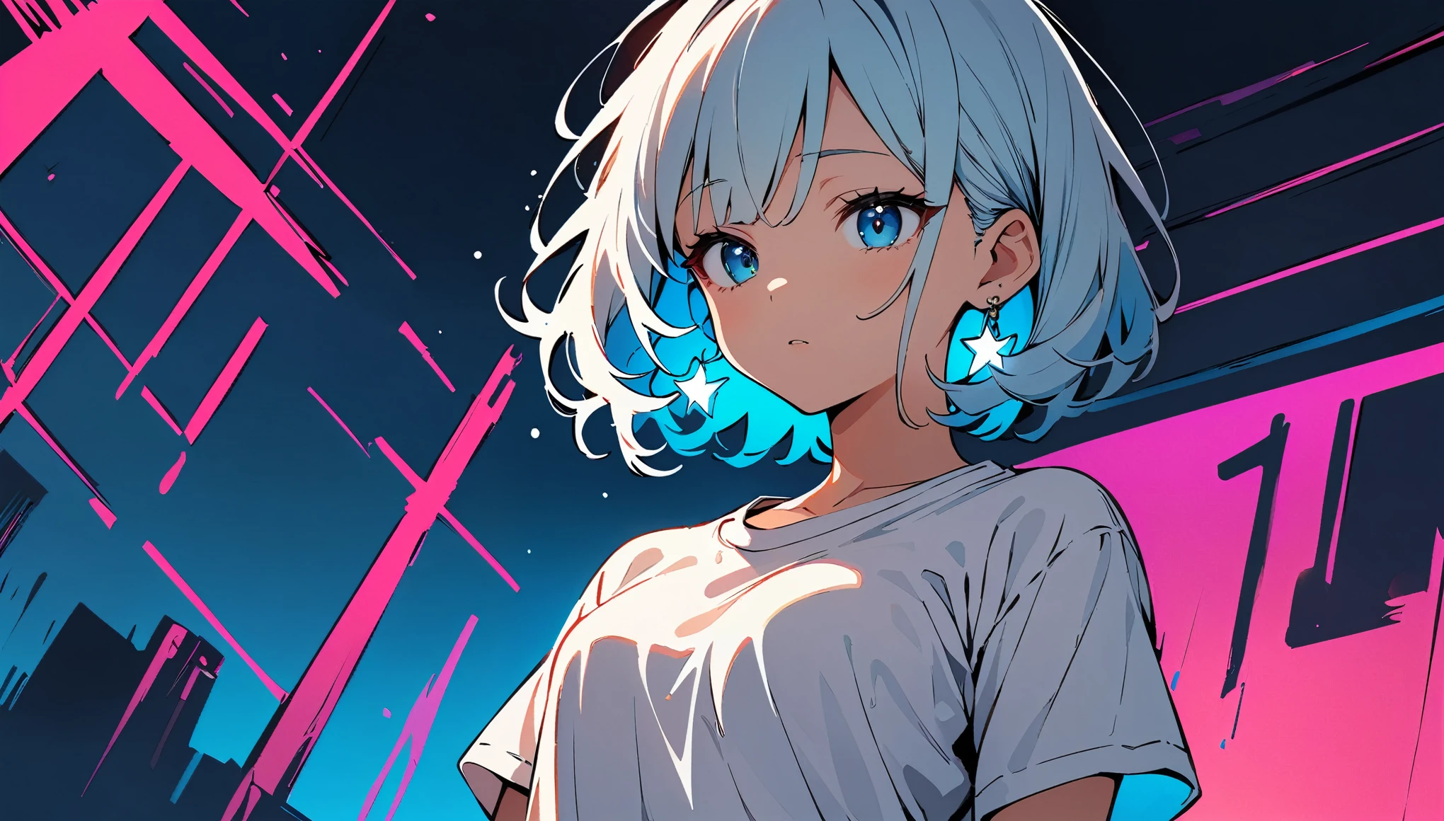 (high quality, 8k, 4K, High Contrast, masterpiece:1.2, 最high quality, Best aesthetics), (Dynamic Angle), ((1 female teen)), ((Plain and bright background)), ((Flat Color)), (White T-shirt on the upper body), ((Plain T-shirt)), (jeans), Looking at the audience, Upper Body, Transparent Background, Sleepy eyes, High Contrast, Contrasting colors, Cowboy Shot, Pale pink and blue lighting, ((Very Short Hair)) , Light blue hair, Small star-shaped earrings in both ears, watch, bright eyeshadow, Cool look, Small Tits, Her camisole is visible through her T-shirt , Clothes that are wet. Raining background,