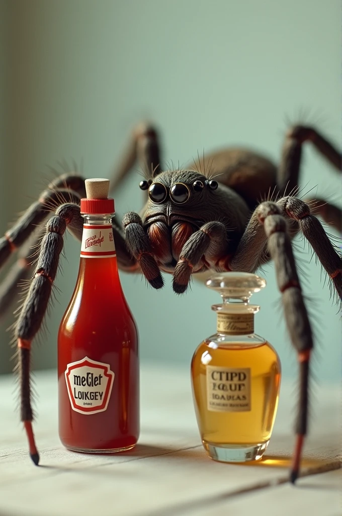 A spider holding a ketchup and perfume