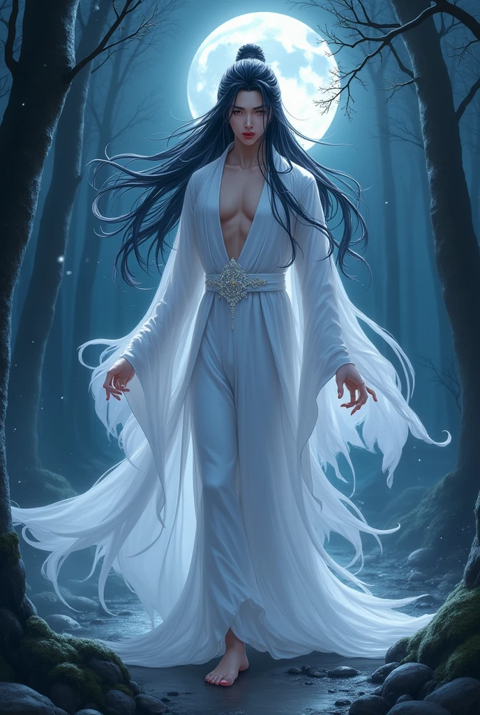 Generate an image of Artistic portrait, Night view, Twilight, Moonlight, Black Forest landscape, Blue hour, Full body shot,Historical Chinese outfit theme, fairy looking guy with long waist black hair,black innocent dragon eyes,porcelain skin,red lips and wearing an all white robe,no shoes and long hand nails.In the style of CG historical chinese anime manhua.