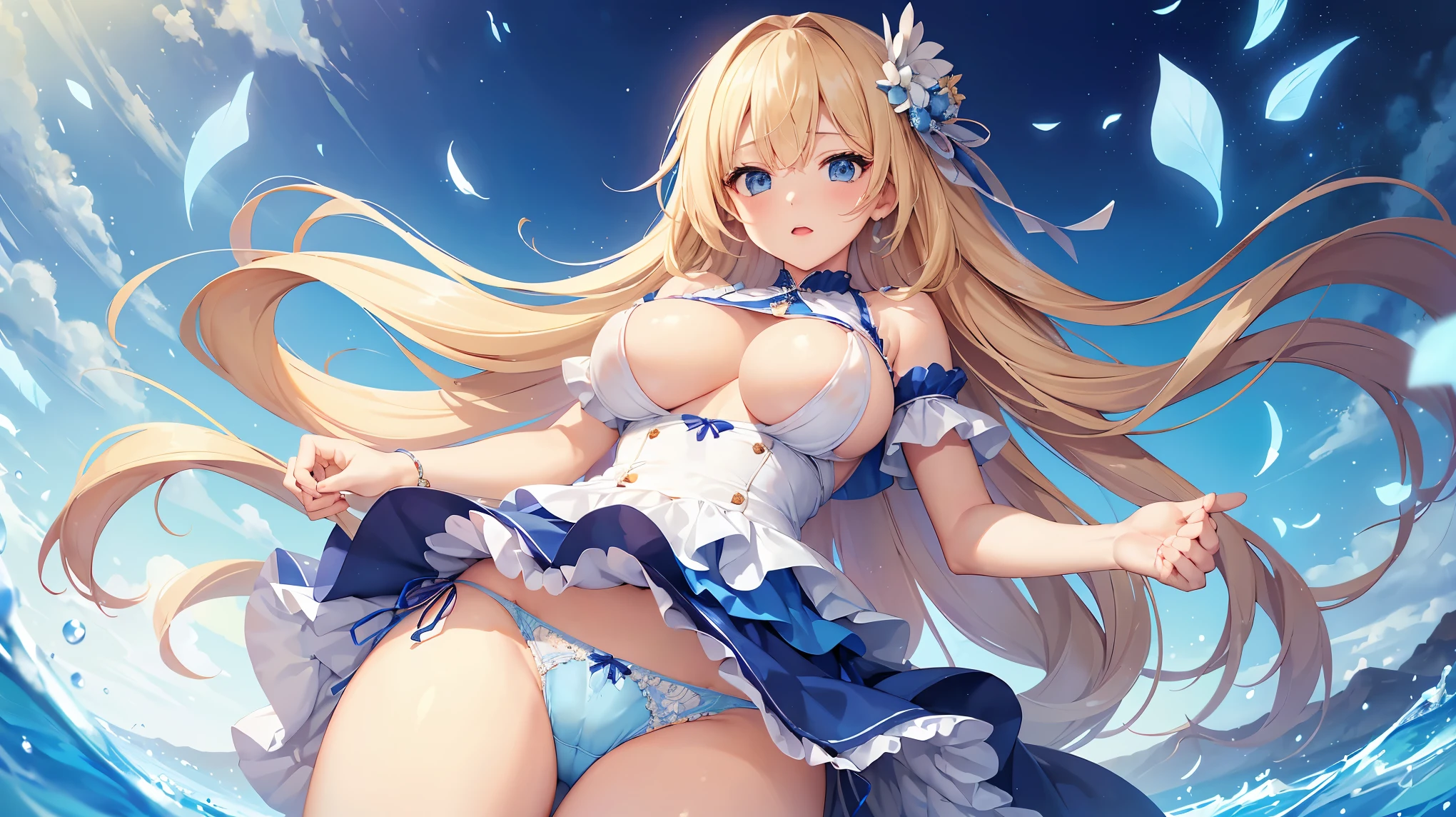 ((Highest quality、High resolution))、Beautiful woman、Perfect body、Beautiful and bountiful breasts、(tits)、long blond、bangs、Blue and white、Embellished blue sexy dress、skirt、(((Showing panties、I&#39;m tempting you、A woman opening her legs and inviting sex)))、Outdoor Scenery