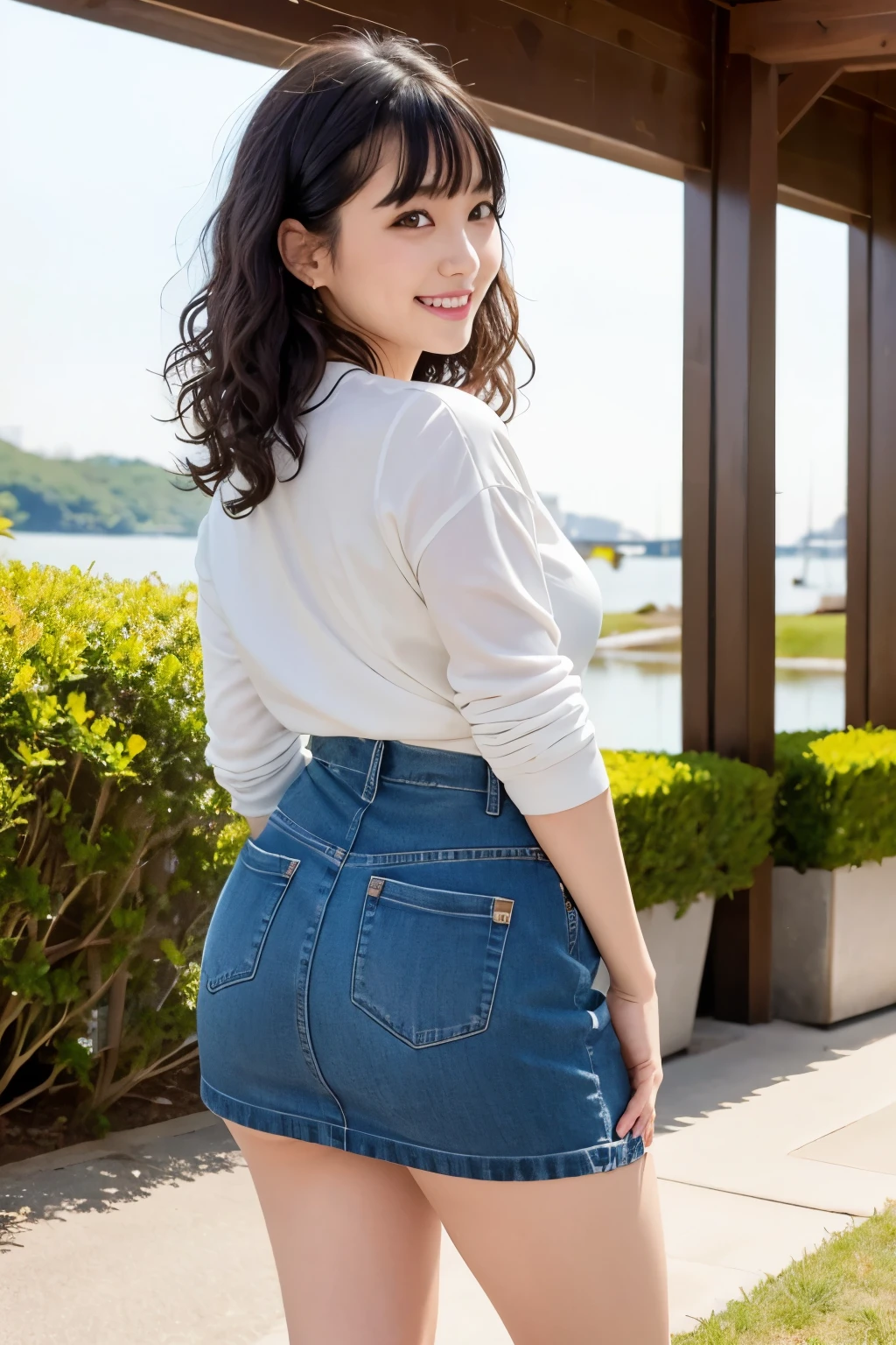 Woman portrait、Highest quality、Rear View、8k,Detailed face, clear, Fine skin、clear, Beautiful Eyes、whole body、(Curly Hair)、My hair was messed up by the wind、The beauty of a smile、(expensive),(Hip_Excellent, Hip Excellent), Mature Woman,( Observe the audience),Realistic, High resolution, Soft Light,1 female, alone, Hipアップ, Glowing Skin, (Detailed face), Sexy smile, Perfect Style, Perfect balance,Black Hair,