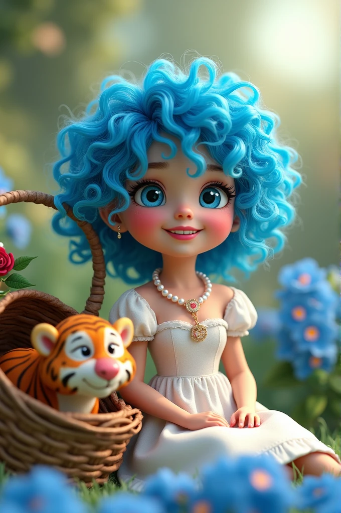 with curly blue hair
With a very smiling and happy lip
With an old basket with a tiger in it, wearing a white princess dress
A pearl necklace with a red rose
And the girl is sitting in the garden full of blue flowers
Style 3D