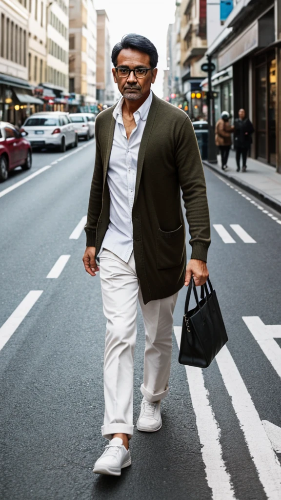 A man walking on the city road,any people in the road, 50 years old,black short hair, thin face , glasses, white long sleeves shirt, black shawl collar cardigan, khaki chino, white snakers, fully light, hold tote bag, correct anatomy,