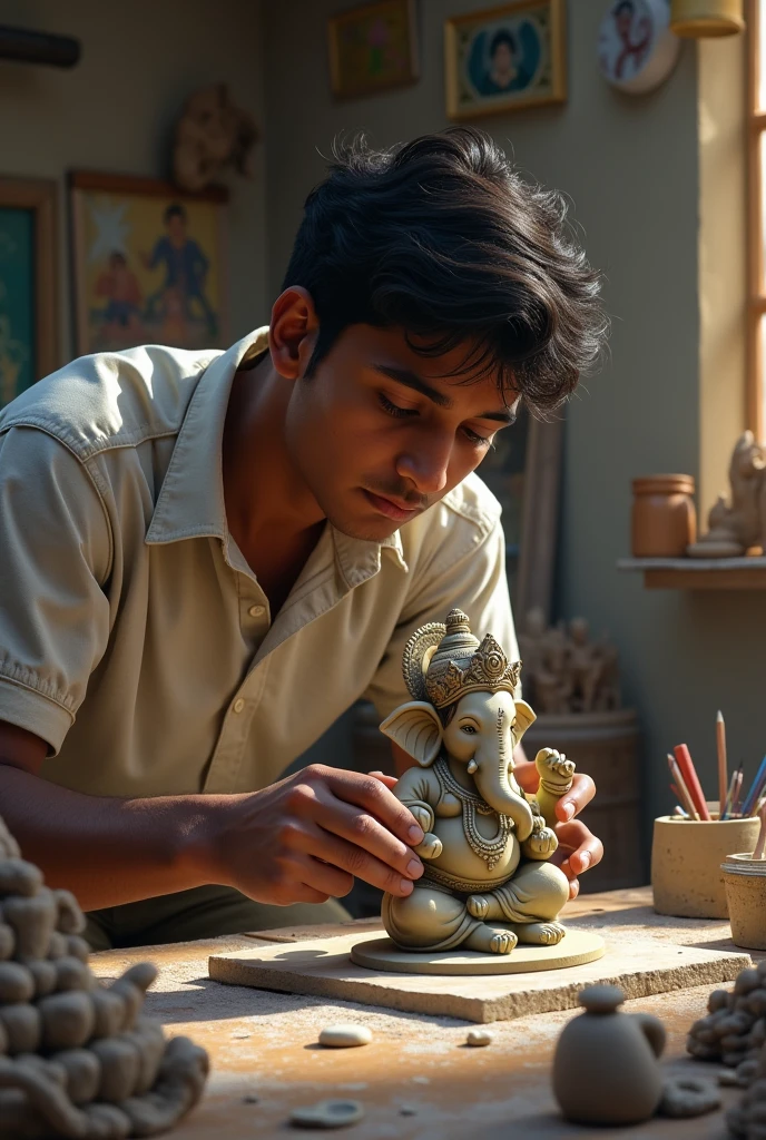 An 17 year old Indian boy artist is seen making a Lord Ganesha idol 