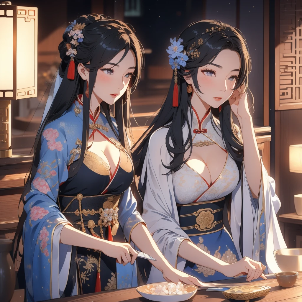 A 25-year-old very beautiful widow. An ancient Chinese woman in Hanfu reveals her cleavage and has a shy expression. She is widowed holding a knife.