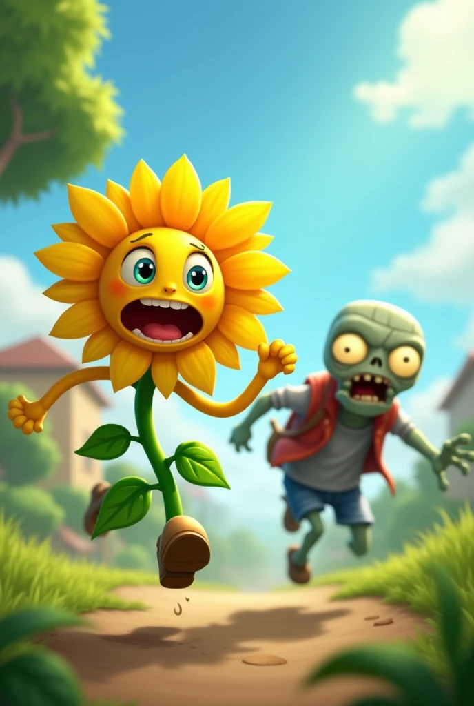 A sunflower plant student from pvz is running because a zombie from pvz is chasing him