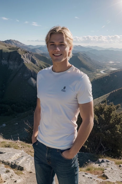 (8 K, Best quality, masterpiece, square ratio, photo realism) Image of a young blond man, standing on top of a mountain with his face raised, looking forward with confidence, against the backdrop of bright sunshine. There is a slight smile on his face., symbolizing inner strength and self-confidence, post on instagram, theme confidence, support, psychology, psychotherapy
