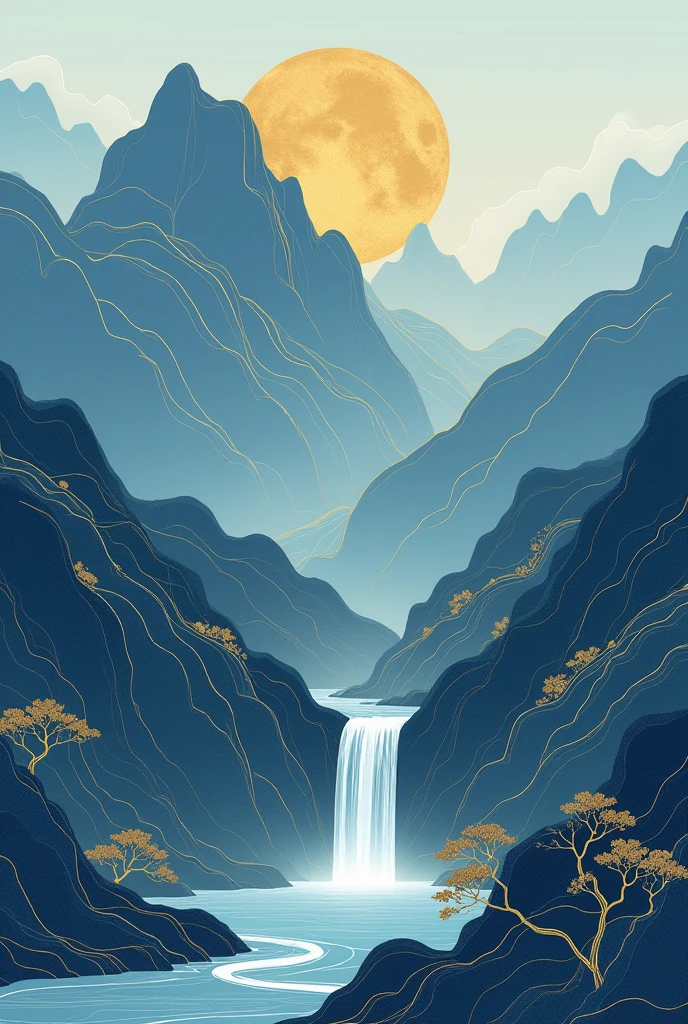 Klein Blue, Golden Waterfall, Mountain, Tree, Chinese Embroidery Craftsmanship of Golden Blue Mountain, Gold Plating, Flowing Gold, Minimalist Color Field, Freehand, Blank Space, Organic Form, Simple Blue Background