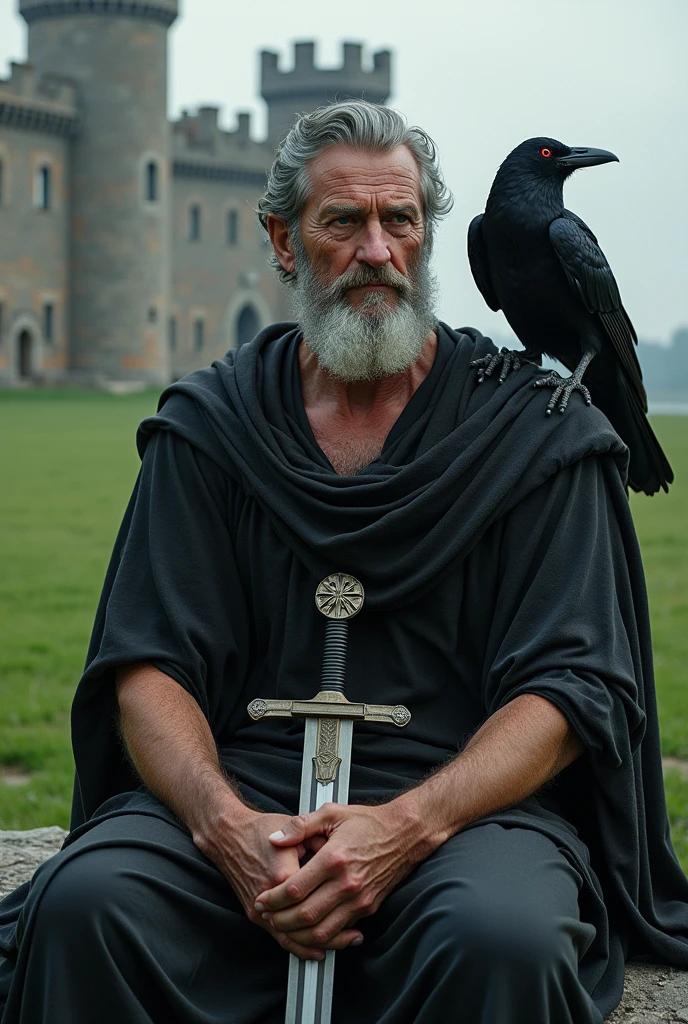 Marcus Aurelius former emperor of Rome holding a sword on his knees the ground with an emerald green lawn behind a gunmetal gray castle on his shoulder a black raven with red eyes