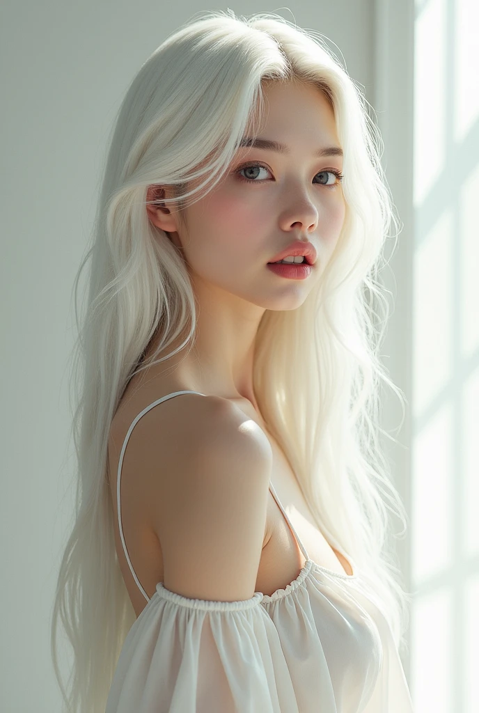 Young woman, White hair, Midi dress