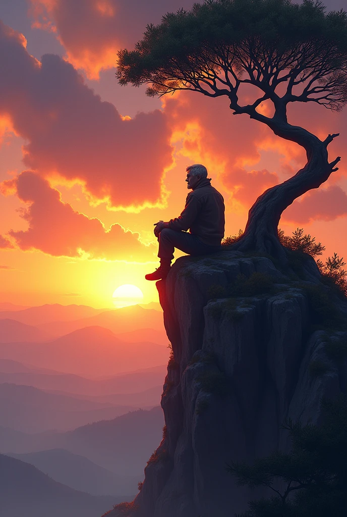Make a man sitting on top of a mountain with a tree on the side looking sideways at the sunset